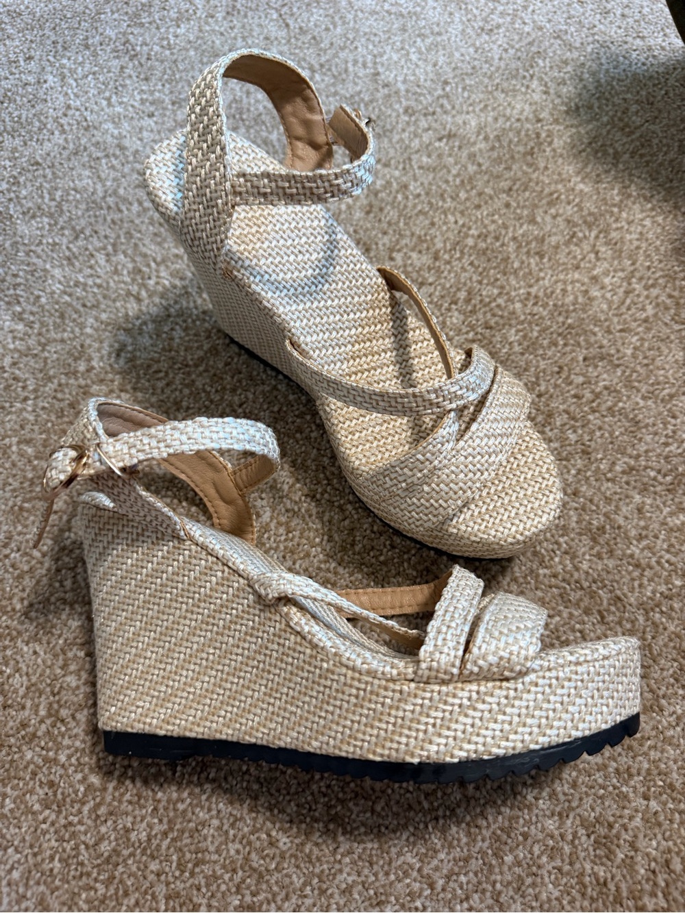 Women’s Woven Raffia Platform Wedge Sandals Beige Gold EU 38 Boho Y2K